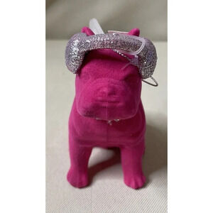 Pink Flocked French Bulldog Headphones & Rhinestone Necklace Christmas Ornament‎